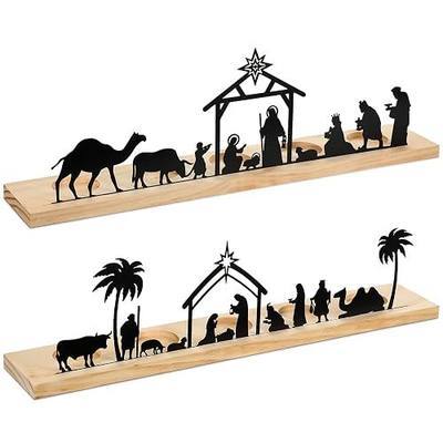 Geelin 2 Set Metal Nativity Sets for Christmas Decorations Black Modern Nativity Scene with Wooden Base Indoor Set for Xmas Home Indoor Mantel Tabletop Office Kitchen Table Shelf(Black)