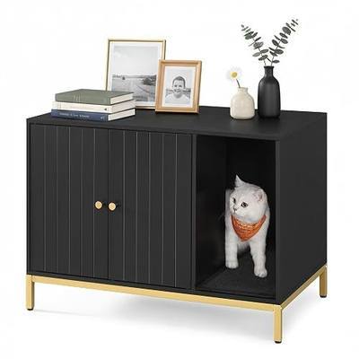 Feandrea Cat Litter Box Enclosure, Hidden Litter Box Furniture with Scratch Pad, Front Entry, Double Cabinet Doors, Modern Style, 31.5" Cat House Washroom Side End Table, Black and Gold