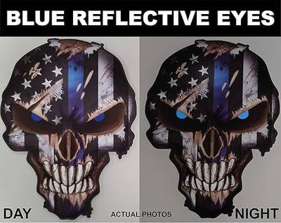 Blue Line Skull Decal Sticker with Reflective Eyes Thin Stripe I Support Police Vinyl Bumper Graphic Black White Emblem for Car Truck Vehicle Peel and Stick Graphic - Safe for Vehicle