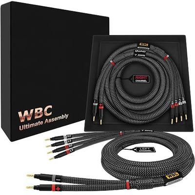 WORLDS BEST CABLES 8 Foot Ultimate - 7 AWG - Ultra-Pure OFC – Extra Premium Audiophile HiFi Bi-Wire Speaker Cable Pair with Eminence Gold Banana Plugs & Carbon Tweed Jacket