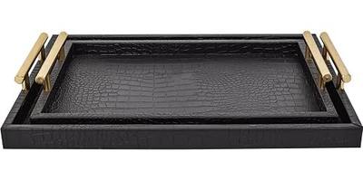 Set of 2 Modern Elegant Large Wood Serving Tray, Rectangle Decorative Tray Ottoman Tay Coffee Table Tray, Black Crocodile Leather with Gold Polished Metal Handles