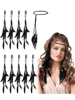 Bencailor 10 Pcs Feathers Hair Extensions for Women Boho Clip-in Hair Feather Accessories Halloween Headdress for Carnival Party