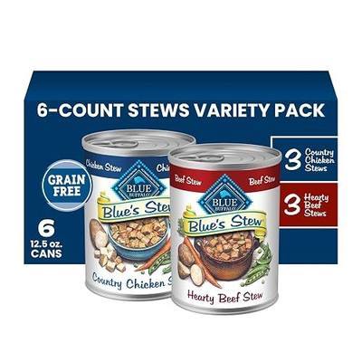 Blue Buffalo Blue’s Stew Variety Pack Hearty Beef & Country Chicken Stew Natural Grain Free Wet Dog Food with Real Meat in Thick Savory Gravy, Natural Ingredients, 12.5-oz Cans (6 Count)