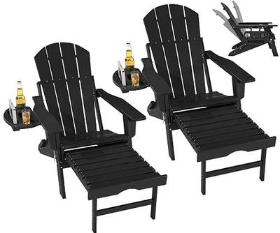 Folding Adjustable Adirondack Chair with Ottoman Set of 2 | HDPE Adirondack Chairs w/4 in 1 Cup Holder Trays,All-Weather Resistant Fire Pit Chair for Outdoor Patio Lawn Black
