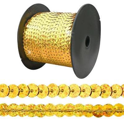 100 Yards Gold Sequin Trim 6mm Spangle Flat Sequin Strip Fabric Paillette String Holographic Sequins Ribbon Trim Glitter Metallic Sequins Band for Crafts Sewing Dress Costume Embellish Headband Fringe