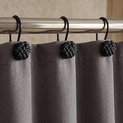 Matte Black Shower Curtain Hooks: Rust Proof Metal Curtain Rings, 12Pcs | Nautical Knotted Rope Shower Hooks, Heavy Duty Hanging Hangers for Shower Rod, Gift for Farmhouse & Coastal Bathroom Decor