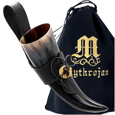 Mythrojan Small Drinking Horn with Black Leather Holder Authentic Medieval Inspired Viking Wine/Mead Mug 150ml
