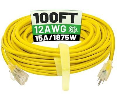 POWGRN 100 FT 12/3 Outdoor Extension Cord Waterproof, Heavy Duty Power Cord | 100FT Heavy Duty Flexible Cold-Resistant Long Power Cord Outside, 15Amp 1875W SJTW Yellow ETL Listed