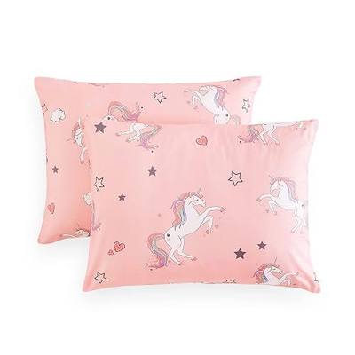 Wake In Cloud - Unicorn Pillow Cases for Girls, Cute Unicorns with Stars and Hearts Pattern Printed, Set of 2 Soft Pillowcases Pillow Shams Covers for Kids, Pink, Standard Size 20x26 Inches