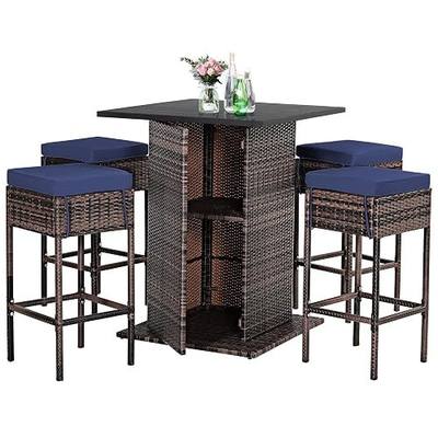 Tangkula 5 Piece Outdoor Rattan Bar Set, Patio Bar Furniture with 4 Cushions Stools and Smooth Top Table with Hidden Storage Shelf, Outdoor Conversation Set for Poolside, Backyard, Lawn (Navy Blue)