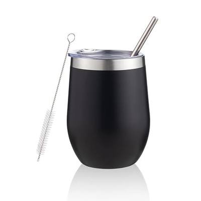 12 oz Insulated Wine Tumbler with Lid and Straw,Stainless Steel Stemless Wine Tumbler Glasses Double Wall Vacuum Wine Cups Tumbler Bulk for Coffee,Champaign,Cocktail(Black,1)