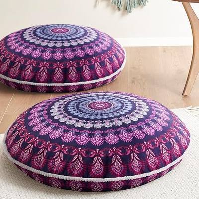 Codi Floor Pillows 2 Pack, Large Meditation Cushions for Adults, 32-inch | Mandala round oversize seating for yoga relaxation, Shredded memory foam, Removable machine washable boho cover, Purple