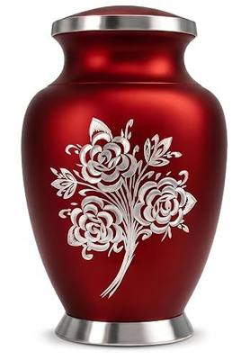Red Cremation Urn for Human Ashes Adult | Large Handcrafted Aluminum Rose Memorial Urn with Secure Threaded Lid | Elegant Funeral Urn for Women & Men, 200 Cubic Inches