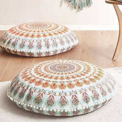 Codi Floor Pillows for Adults & Teens Set of 2, Large Boho Meditation Cushions with Memory Foam, Round Mandala Seating for Yoga, Home Office, Dorm Room, Washable, 32 Inch, Coral