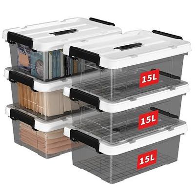 Cetomo Lidded Storage Bin with Handle, Tote Organizing Container with Durable Lid and Secure Latching Buckles, Stackable and Nestable, Plastic, 16 Quart-6 Pack, Clear Black