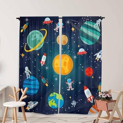 Outer Space Window Curtains Universe Planet Galaxy Astronaut Drapes | Kids Boys Girls Baby Living Room Bedroom Nursery Toddler Home Rod Pocket Party Decor Durable Fabric 84 in x 84 in