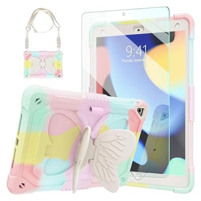 Ambison Case for iPad 9th/8th/7th Generation 10.2 inch with Glass Screen Protector,Rugged Shockproof Protective Cover for Kids Girls Butterfly Stand,Shoulder Strap for iPad 2021/2020/2019-Multicolor