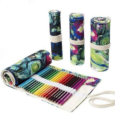 DIYOMR 24/36/72 Slots Pencil Wrap Pencil Rolls, Artist Colored Pencils Roll Up Bag Short Brushes Pouch Case Pencils Organizer for Drawing Coloring and Sketching,No Pencils (Ink Painting, 72slots)