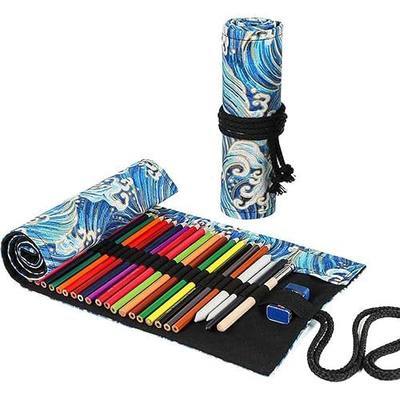 DIYOMR 24/36/72 Slots Pencil Wrap Pencil Rolls, Artist Colored Pencils Roll Up Bag Short Brushes Pouch Case Pencils Organizer for Drawing Coloring and Sketching, NO PENCILS (Blue Ocean, 72slots)