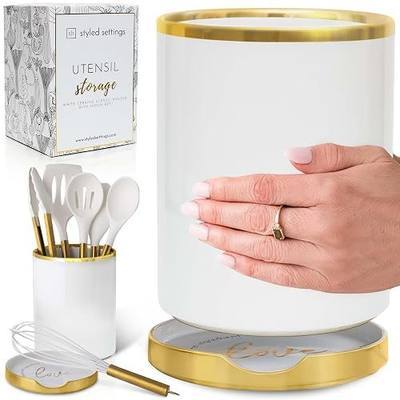 White Utensil Holder with Built-In Ceramic Spoon Rest - 2-Piece Luxe White and Gold Spatula Holder with Gold Spoon Rest for Countertop Organization - Stylish Kitchen Accessory, Utensils Not Included