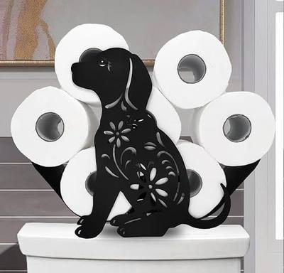 Dog Black Metal Toilet Tissue Holder, Decorative Animal Paper Holder, Funny FreeStanding Toilet Paper Organizer for Bathrooms, Holds Extra 8 Rolls