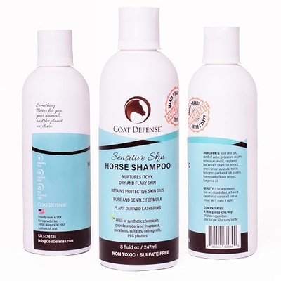 COAT DEFENSE Sensitive Skin Shampoo for Horses | All-Natural & Made in USA | Hypoallergenic Aloe Based - Soothes and Relieves Itchy, Dry and Inflamed Skin | Safe for Everyone | 8oz. Concentrated