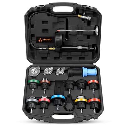 Radiator Pressure Tester Kit, 18PCS Automotive Water Tank Manual Pump Pressure Test Tool and Adapters Work on Cooling System Leak Down Detection for Cars Motorcycles Trucks Airlifts, Black