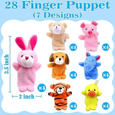 AMENON 28 Pack Valentines Day Gifts for Kids with Animal Finger Puppet Plush Toy (7 designs) Valentines Cards for Kids Boys Girls School Valentine Classroom Exchange Gift Prize Party Favor Game