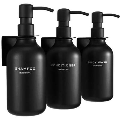 Shampoo and Conditioner Dispenser Wall Mounted Set of 3 Black - No Drill Shower Soap Dispenser for Bathroom Refillable - Spa Hotel Style Accessories by MaisoNovo | 500 ml Shower Gel Dispenser Set of 3. Refillable Shampoo and Conditioner Bottles. Drill Free Secure Design. Black