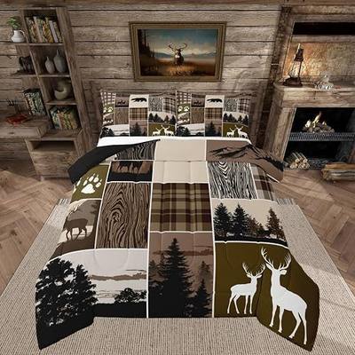 Hunting Deer Comforter Set For Teens, Rustic Farmhouse Bedding Set Queen Size, Country Moose Bear Duvet Insert For Kids Boys Adult Bedroom, Christmas Retro Buffalo Quilt With 2 Pillow Cases, Brown