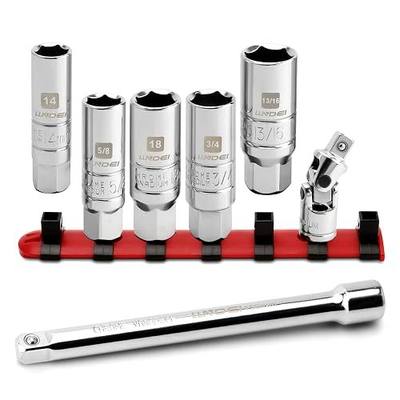 LLNDEI 3/8 Inch Drive Spark Plug Socket Set SAE & Metric, High Visibility 6 Point Sockets CR-V Steel, Mirror Polished Sockets with Rubber Retaining Rings-Spark Plug Removal Tool for Car Repair 7PCS