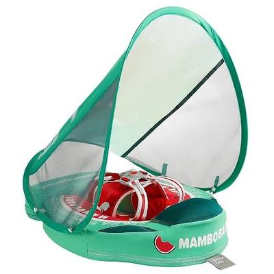 Mambobaby Float Add Tail Baby Swim Float with Canopy Solid Pool Infant Swim Trainer Swimming Training Lying Air Free Water Floats Non-Inflatable Waist Swim Ring for Toddlers (Watermelon)