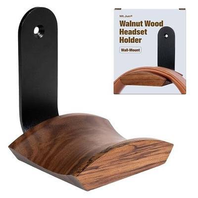 Walnut Wood Headphone Wall Mount, Wide Curved Headband Support (1 Pack) | Elegant Headphone Display, Protects Headbands from Creases, Aluminum Bracket, Adhesive or Screw Mount, Fits Gaming Headsets