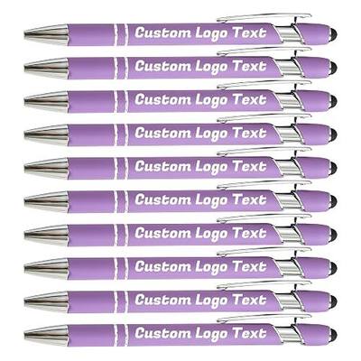 Custom Pens Ballpoint with Stylus for Events, Purple, 100 Pcs | Personalized Logo Name, Black/Blue Ball Point Ink Option, Bulk for Church, Wedding, Business, Reunion, Metal, Laser Engraved