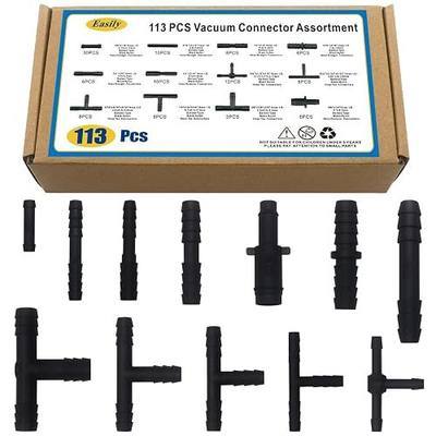 Vacuum Connector Assortment 113 PCS Heat Resistance 240℃(460℉)Automotive Vacuum Tubing Connector Vacuum Tee Connector Assortment Kit Black Nylon