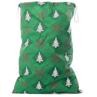 Pudgy Pedro's Party Supplies - Christmas Canvas Gift Bags - XX-Large 33" x 23.75" Green Xmas Tree Argyle - Drawstring Jumbo Present Stocking - 1 ct