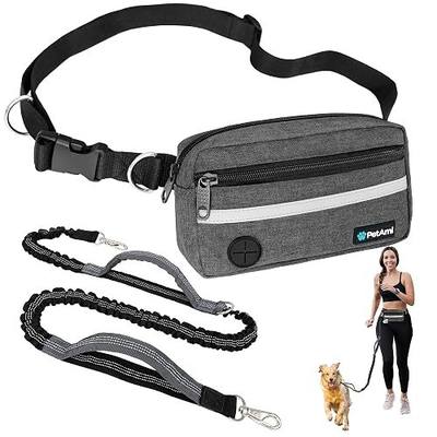 PetAmi Hands Free Dog Leash for Running & Walking, Zipper Waist Belt Fanny Pack Poop Bag Dispenser, Dual Padded Handles, Shock-Absorbing Bungee for Small Medium Large Pet, Double, Heather Charcoal