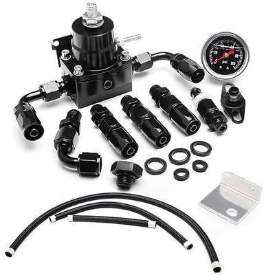 EFI Fuel Pressure Regulator Kit with Bypass Return 0-100psi Pressure Gauge AN6-6AN Fuel Line Hose Fitting Connectors Kit Adjustable Universal Aluminum (black)