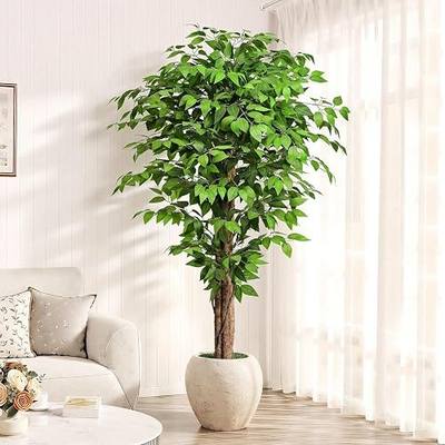 6.2ft Ficus Artificial Trees with 3 Natural Curved Trunks, 74" Tall Lush Faux Tree for Home Decor Indoor, Green Lifelike Fake Ficus Tree Artificial Plants