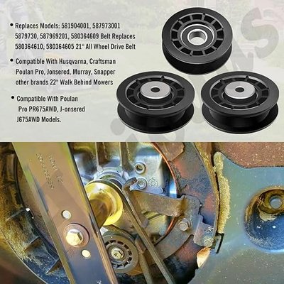 (2) 587973001 (1) 587969201 Pulleys - 580364609 Belt & Pulleys Kit Compatible With Husqvarna A-WD Belt Repair kit, for Husqvarna L 321AHX, L 321AH, Pulleys replaces 580364603 (Pulleys Belt Kit)