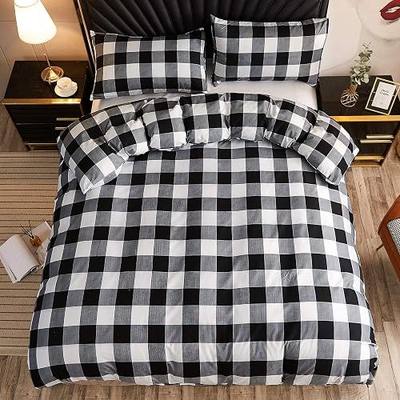 LAMEJOR Duvet Cover Set King Size Plaid/Grid Pattern Hotel Luxury Soft Bedding Set Comforter Cover Set(1 Duvet Cover + 2 Pillowcases) Black/White