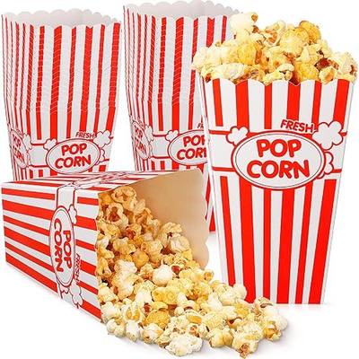 Xinnun 100 Pcs Popcorn Boxes 32oz Classic Stripe Paper Buckets Disposable Oil Proof Popcorn Container Retro Open Top Box for Movie Night Supplies Theaters Carnival Birthday Party(Red and White)