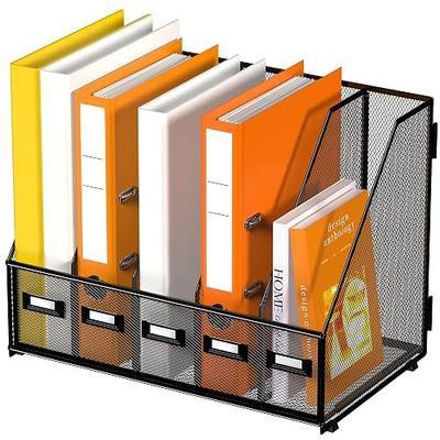 DALTACK 5-Slot Magazine File Holder, Metal Binder Holder, Black | Iron Mesh Construction, Labeled Sections for Easy Sorting, Anti-Slip Feet, Binder and Folder Storage for Office, Classroom