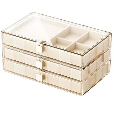 JINGJING Jewelry Organizer Case Storage Box with See-Thru Lid 3-Drawer for Women Girls Men Ring Holder, Classic Brown Checkered Design Appearance for Birthday Anniversary New Year Christmas Gift