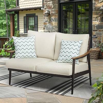 NATURAL EXPRESSIONS Patio Loveseat Sofa Outdoor Furniture Metal Chair with Wicker Backrest & 6 Inches Cushion for Indoor, Front Porch, Deck, Balcony, Backyard, 51.77"(L) x 29.75"(W) x 33.86"(H).