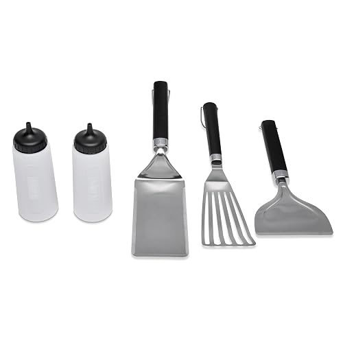 Weber Griddle Essential 5‑Piece Tool Set – Spatula, Flexible Spatula, Scraper & (2) Squeeze Bottles for Breakfast, Burgers & More - Easy Cooking & Cleanup, Grill Accessory Kit
