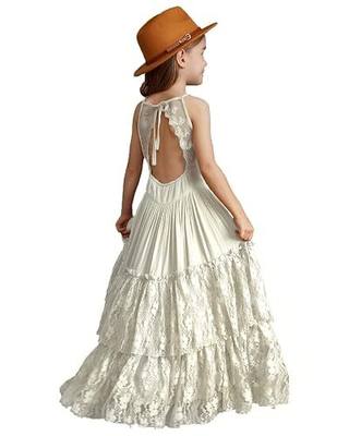 Girls Kids Lace Back Full-Length Backless Tulle Party Holiday Flower Girl Dress Size 4-14