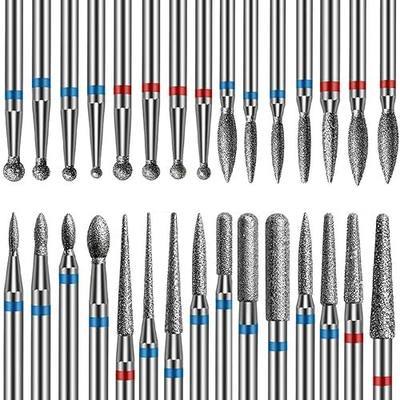30PCS Nail Drill Bits Set: 3/32'' Diamond Nail Bits for Acrylic Gel Nail Prep Contain Flame/Ball/Needle/Safety Shape Heads, Remover Tools Efile Cuticle Bits for Salon Home Manicure Pedicure Nail Tech