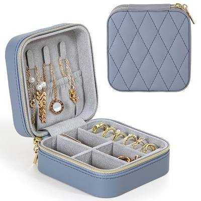 KAMIER Small Jewelry Boxes for Women | Portable Travel Jewelry Case | Pu Leather Jewelry Organizer Box for Earrings, Ring, Necklaces(Bluish Grey)