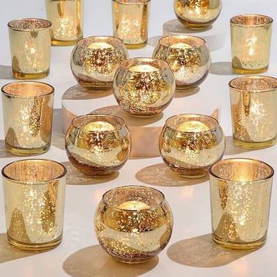 24 Pcs Assorted Gold Votive Candle Holders, Mercury Glass Tea Lights Holder | Diwali Decorations, Gold Wedding Centerpieces for Tables, Bridal Shower Party Table Decorations